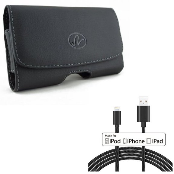 6ft MFi USB Cable w Leather Case Belt Clip for iPhone XS Max/8 PLUS/7 Plus/6S Plus/6 Plus - Certified Charger Cord Power Wire Braided and Swivel Holster Loops Cover Pouch