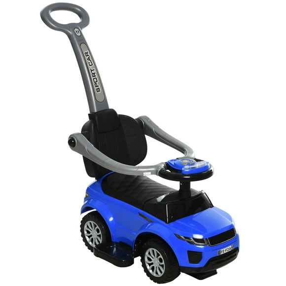 Aosom 2 In 1 Kid Ride on Push Car Stroller Sliding Ride on Car with Horn Music Light Function Secure Bar Ride on Toy for Boy Girl Toddlers 1-3 Years Old Blue