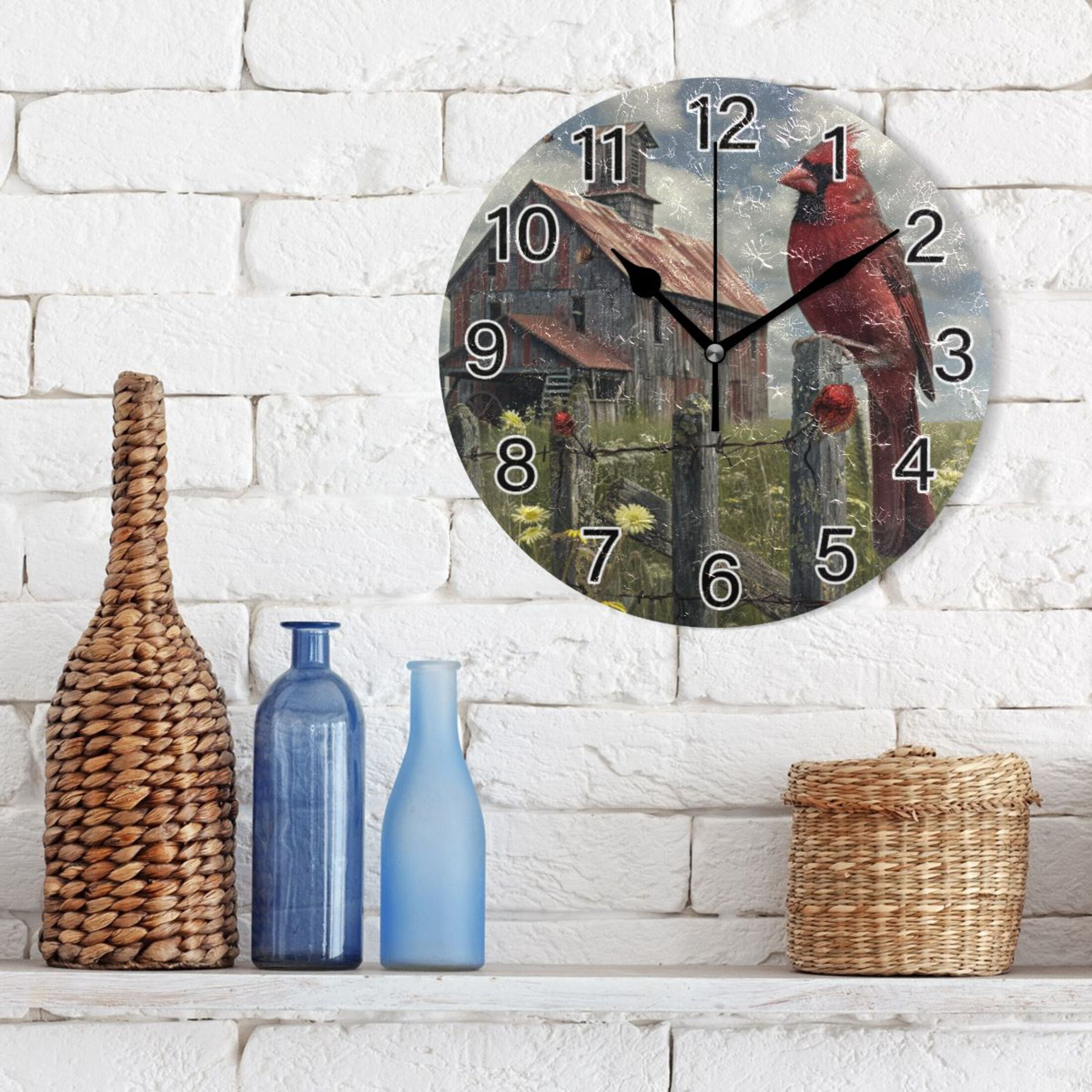 Ryvnso Red Bird Farm House Wall Clock Non Ticking Silent Kitchen Clock Battery Operated Clocks 10 inch