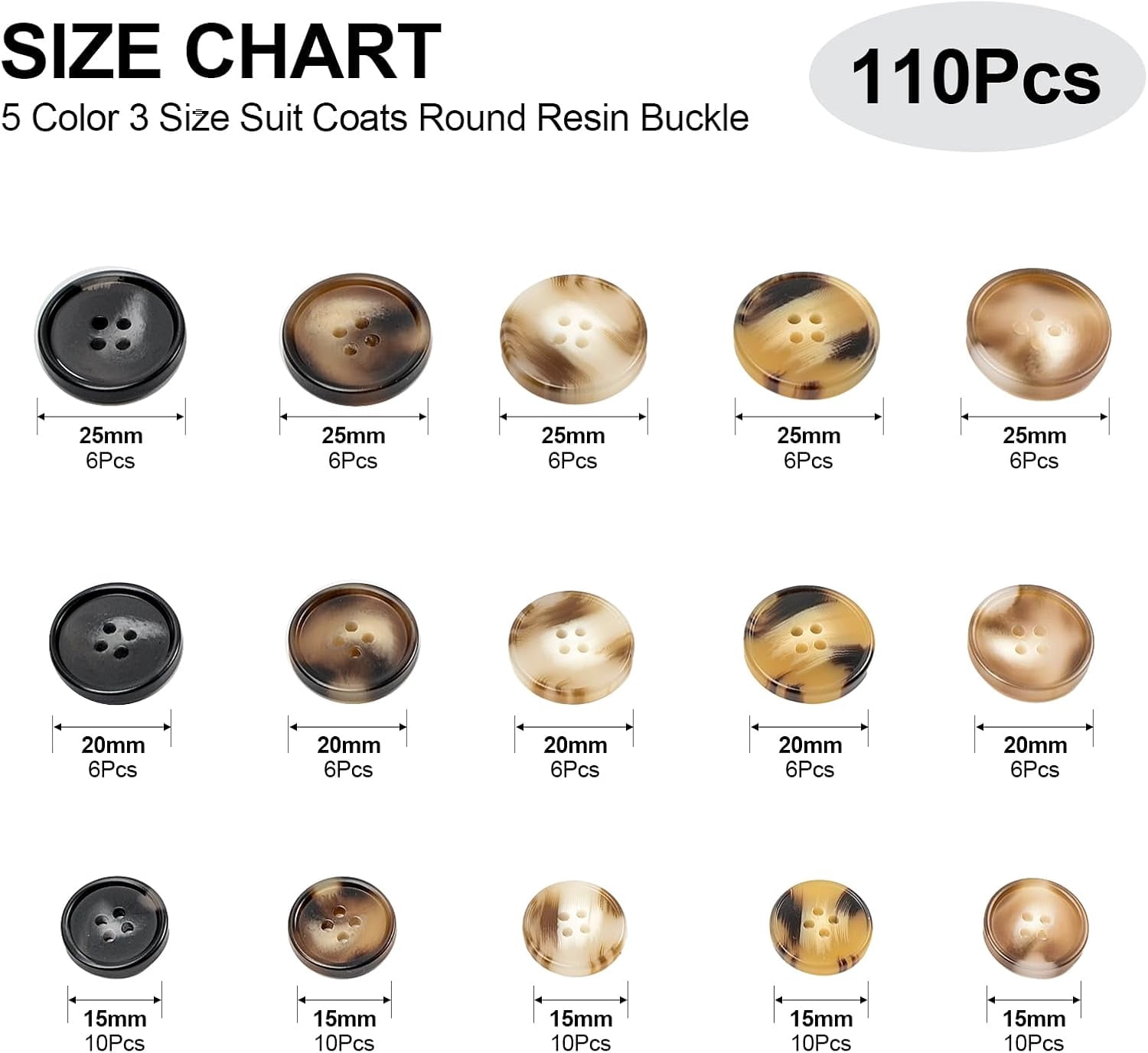 110Pcs Mixed Sewing Buttons, 4-Hole Craft Round Blazer Buttons, 5 Color 3 Size (15mm, 20mm, 25mm) Suit Coats Resin Button, Suitable for Variety Clothing Sewing, DIY Craft (Coffee Color)