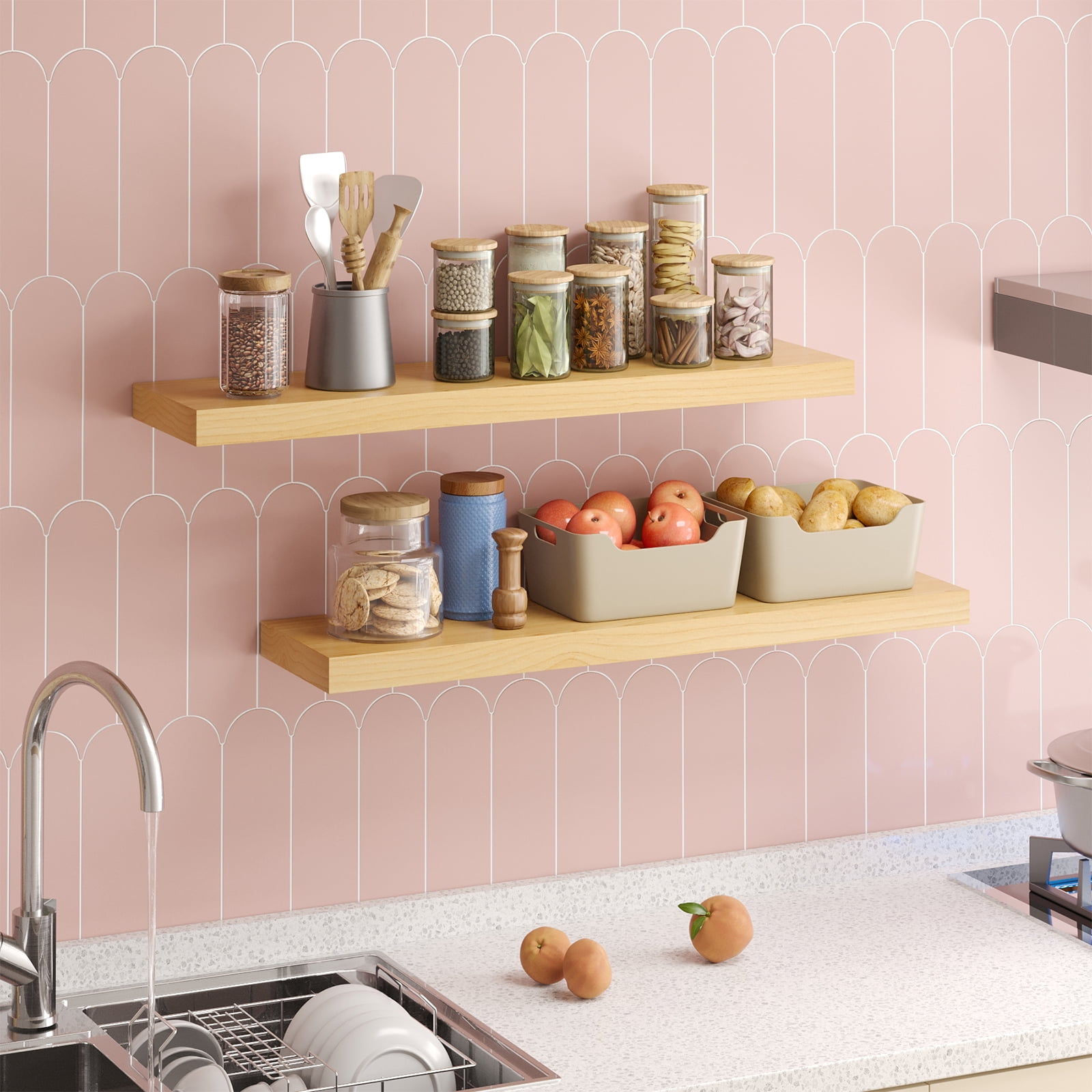 Fairy 2pcs Floating Shelves for Wall, 22.5in Bathroom Kitchen Shelves for Rustic Farmhouse Decor, Oak