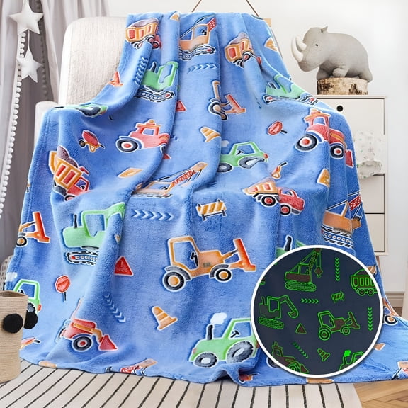 AUQ Glow in The Dark Construction Truck Fleece Blanket,Soft Kids Throw for Boys and Girls,50x60"