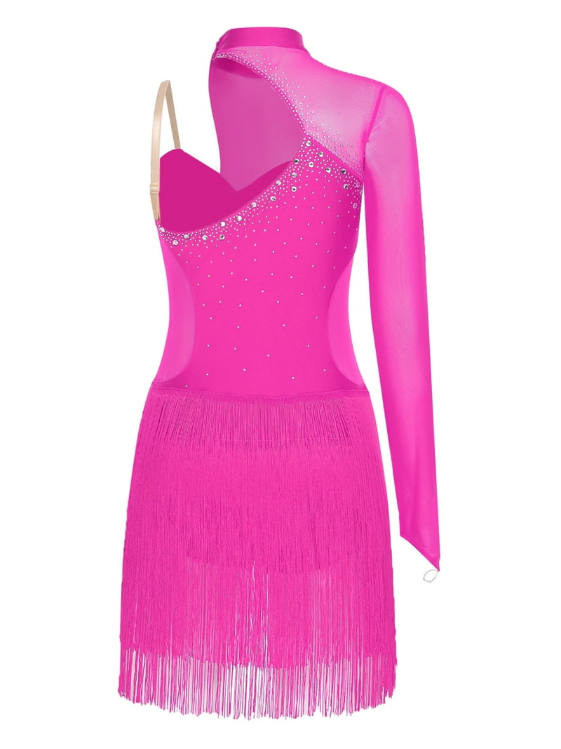 HULIJA Women's Lyrical Dance Dress One Shoulder Asymmetrical Fringed Dress  Hot Pink M - Walmart.com