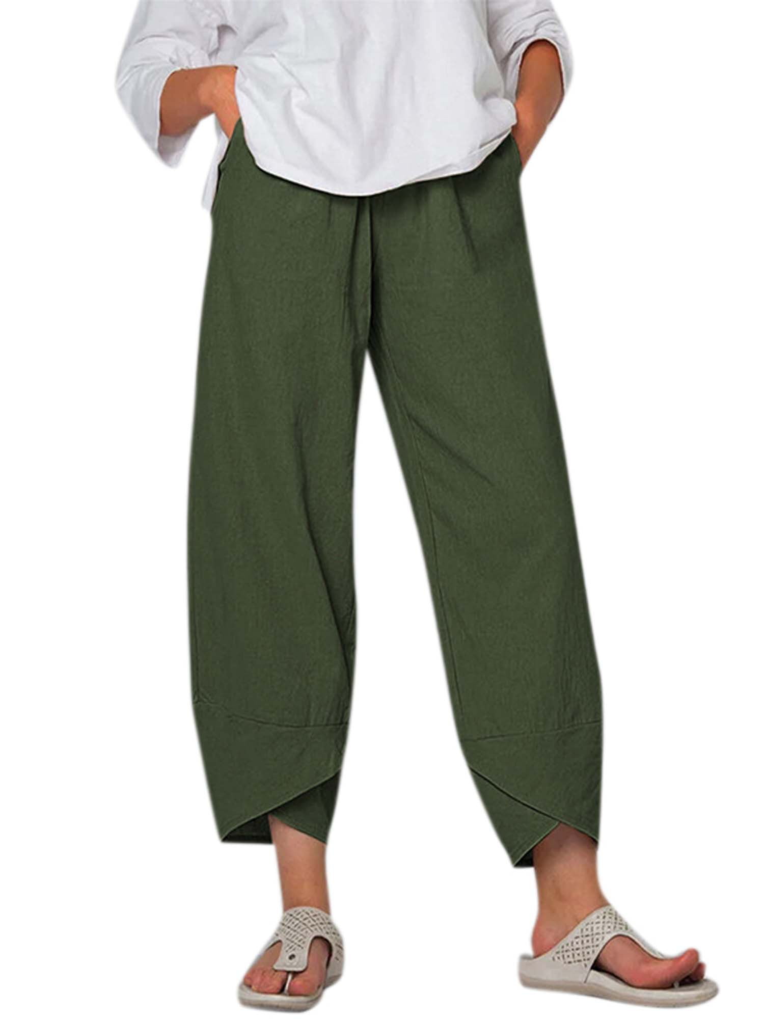 Summer Pants for Women Casual Loose Plus Size Cotton Linen Wide Leg Pants Elastic Waist Cropped Trousers Lightweight