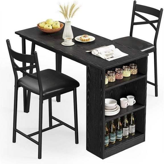 3-Piece Bar Table Set for 2 with Flip Top Extension & Storage Shelves, Space-Saving Kitchen Dining Set for Apartments