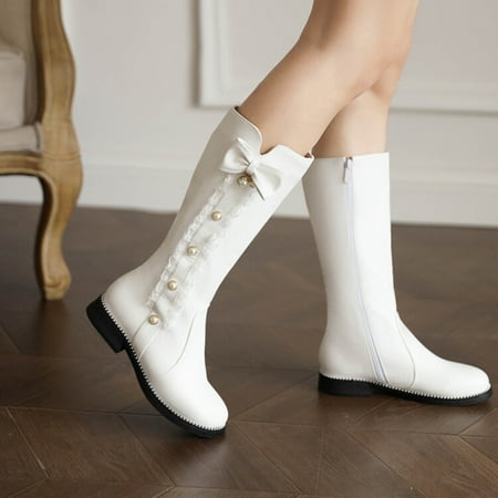 

Ladies Cute Fashion Bow Solid Color Flat Round Toe Square Heel Middle Long Student Style Boots