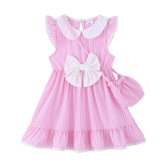 Kucnuzki 6T Little Girls Summer Dress 7T Child Girl Casual Dresses with Bag Striped A-line Bowknot Sundress 2pcs Clothing Pink