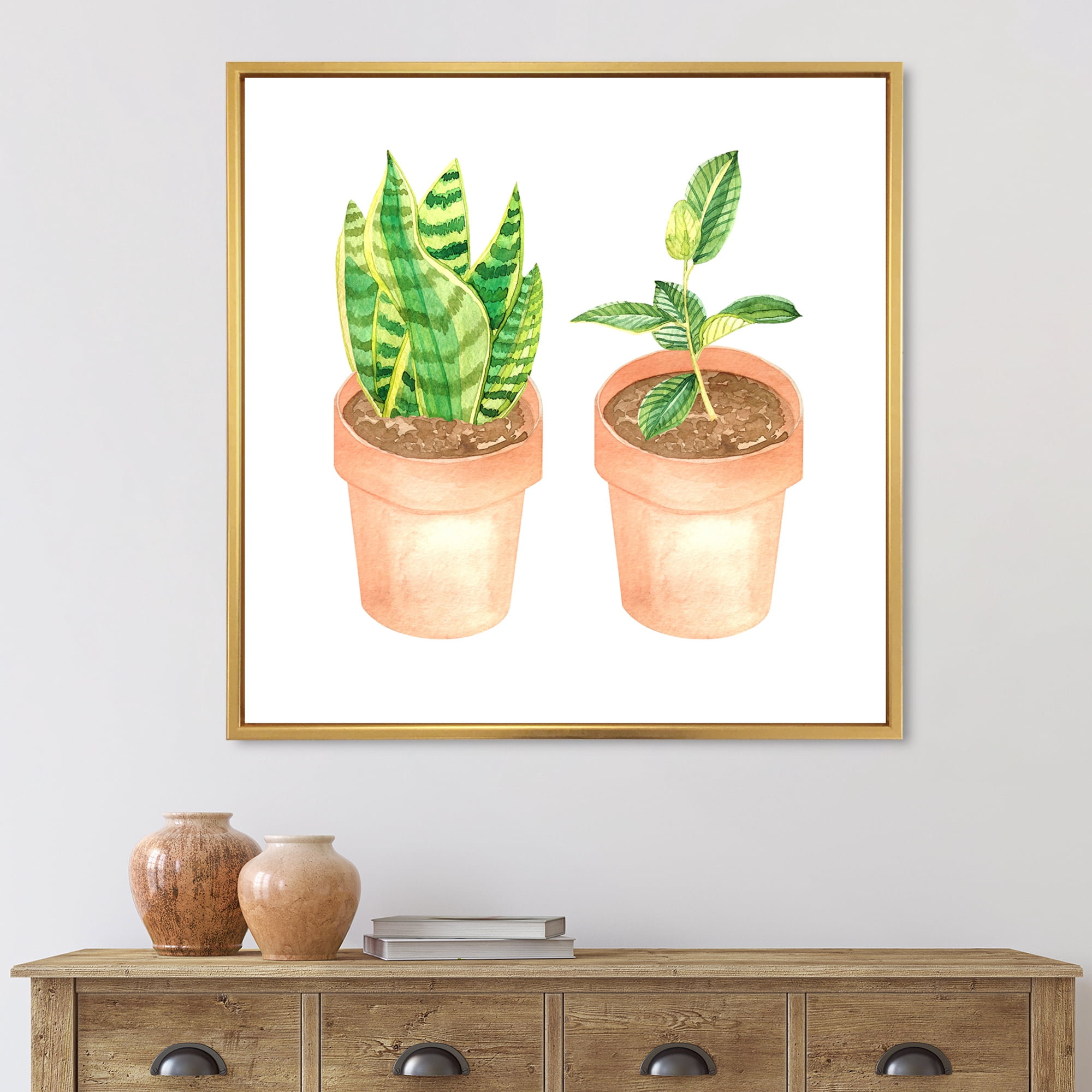 Ficus and Sansevieria Indoor Green Home House Plants 36 in x 36 in Framed Painting Canvas Art Print, by Designart