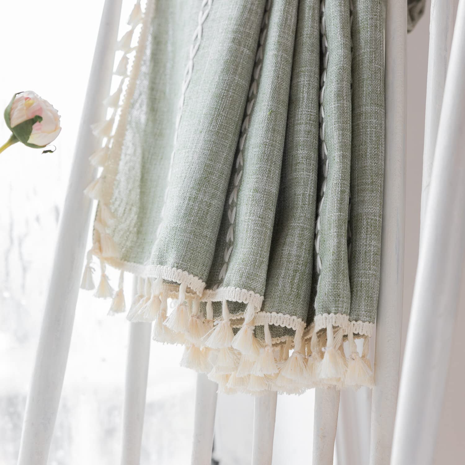 Psoiuetr Green Boho Curtains for Bedroom Living Room Linen Cotton Embroidered Semi Blackout Farmhouse Window Treatment Drape Vintage Tassels Rod Pocket 1 Panel 52" W x 63" L
