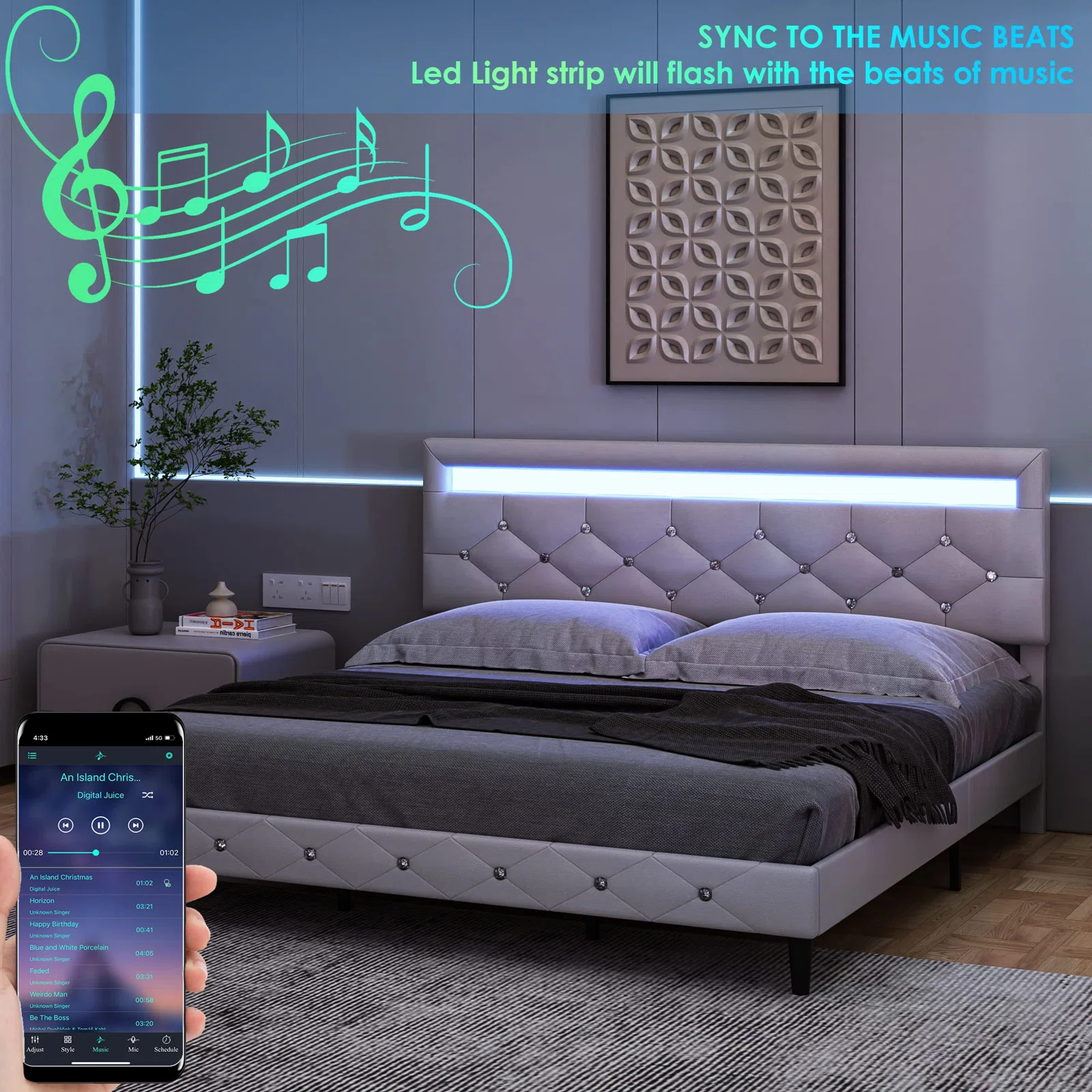 Homfa King Size LED Bed, PU Crystal Buckle Upholstered Platform Bed