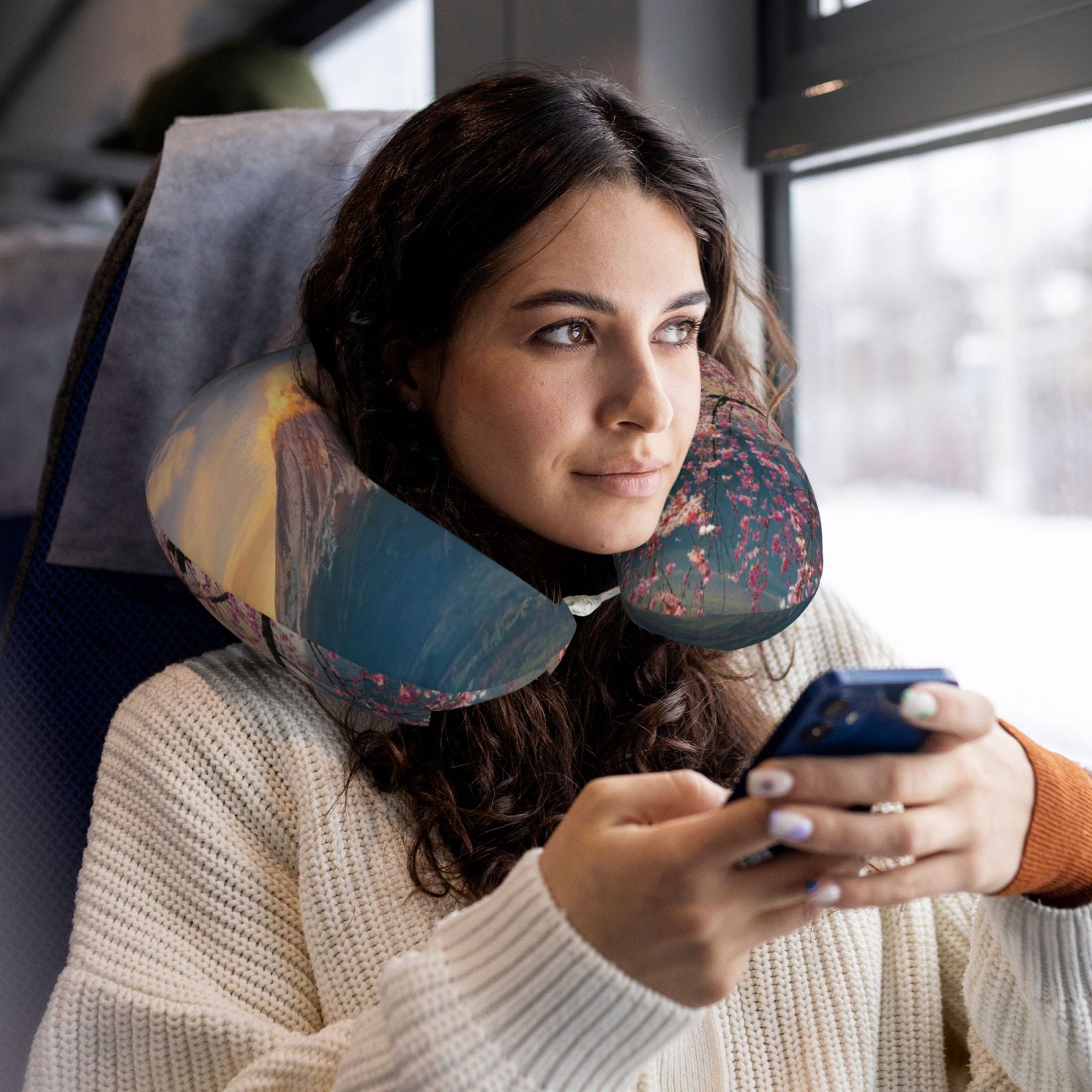 Xecao Cherry Blossoms Print Memory Foam Cervical Neck Pillow Versatile U-Shaped Pillows for Home,Office,Camping,Travelling,Soft Washable Cover