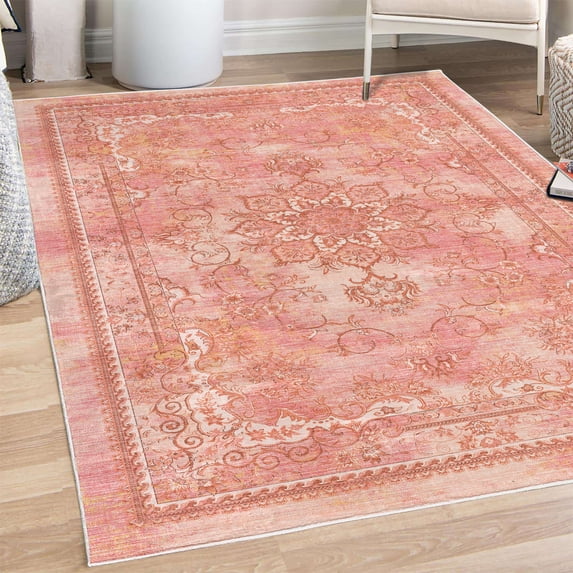 Floral Decorative Rug, Vintage Look Abstract Swirling Branches Mandala Inspired Ethnic Ornaments Design, Quality Carpet for Bedroom Dorm and Living Room, 6 Sizes, Pale Pink, by Ambesonne