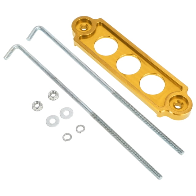 Soporte de batería universal para automóvil Unique Bargains, soporte de bloqueo de batería de aleación de aluminio tono dorado, 1 juego con ganchos en J, tuercas, arandelas y manguitos protectores
