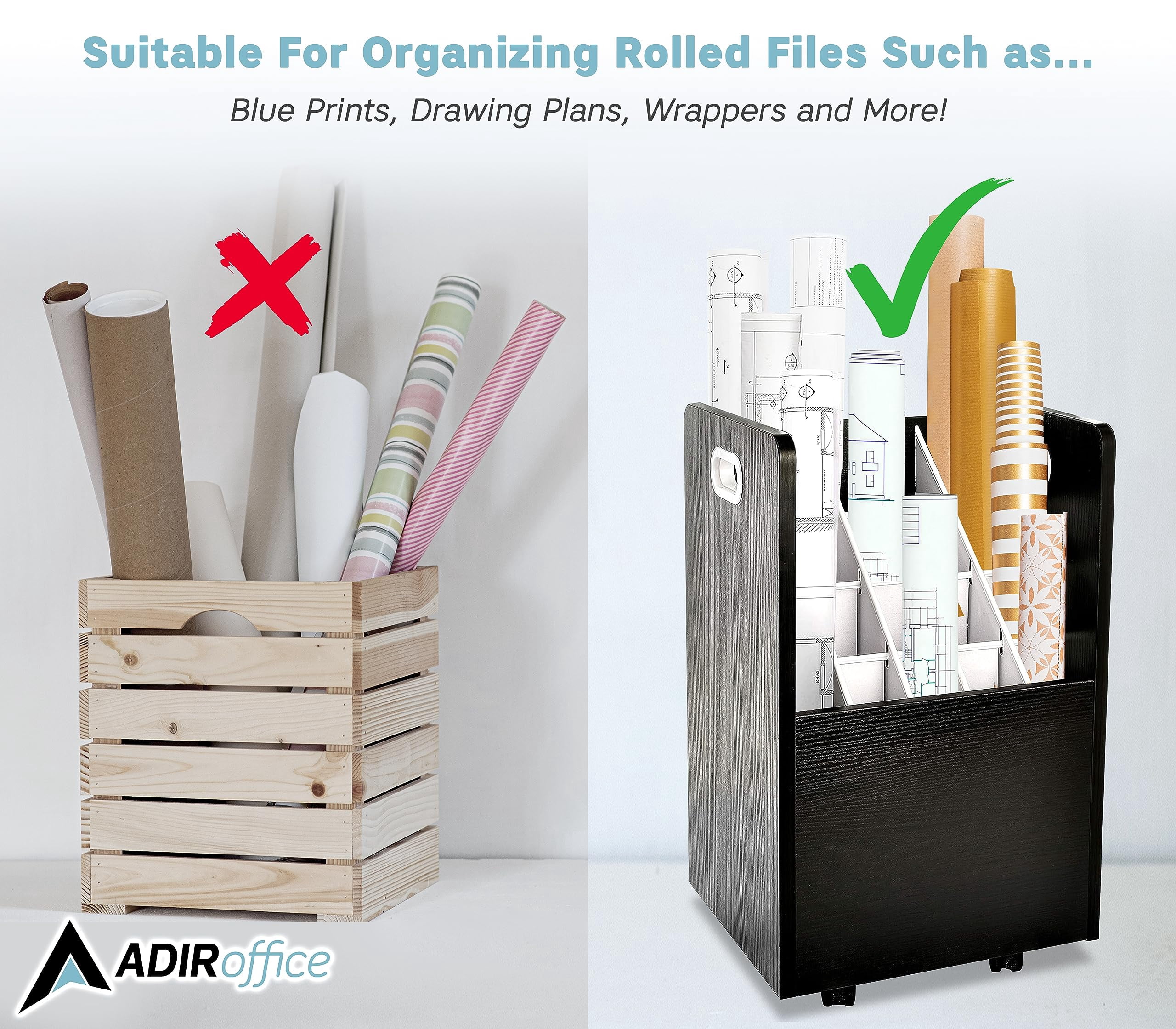 Adir Blue Print Storage Organizer- Mobile Roll File Cart, Construction Plan Holders, Blueprint Cabinet with Wheels (20 Slots, Black)