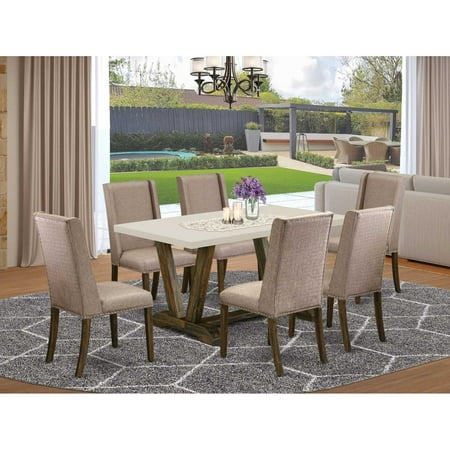 East West Furniture V-Style 7-piece Dining Table Set with Linen Chairs in Black