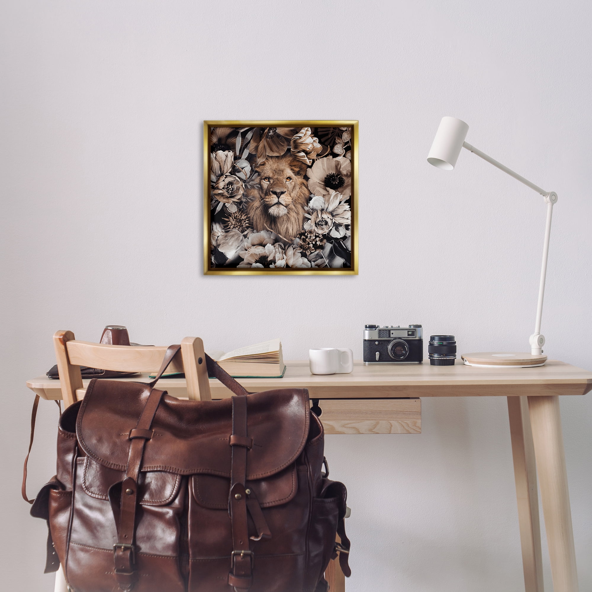 Stupell Industries Mixed Flowers & Lion Plants & Flowers Painting Gold Floater Framed Canvas Art Print Wall Art, 25 x 25