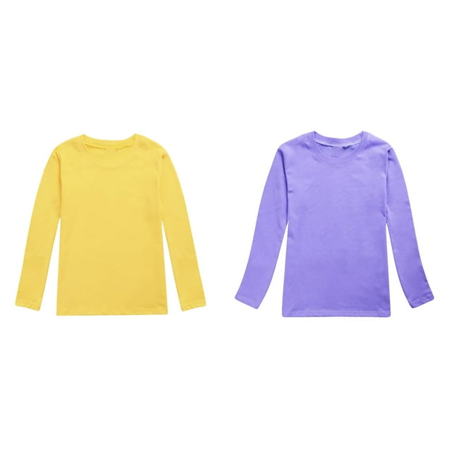 Lot de 2 (Violet 1PCS & Jaune 1PCS) Multipack Taille 14 Automne Manches Longues en Coton Biologique T-Shirt Uni