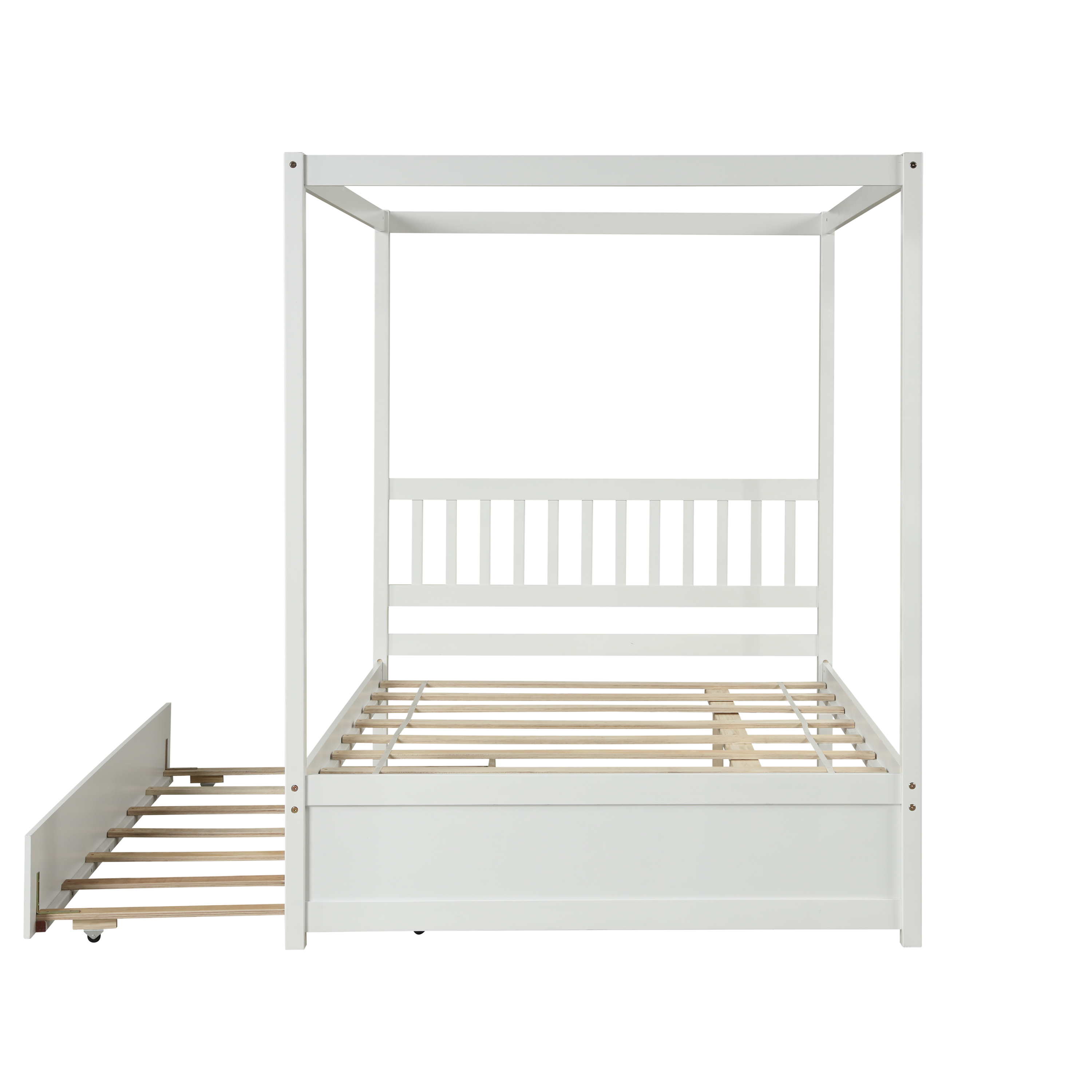 Aukfa Canopy Bed Full Size Platform Bed with Trundle, Solid Wood Bed Frame for Kids, Teens, Adults - White