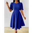 thumbnail image 5 of Royal Blue Womens Fit And Flare Dress With Round Neck And Puff Sleeves, 5 of 7