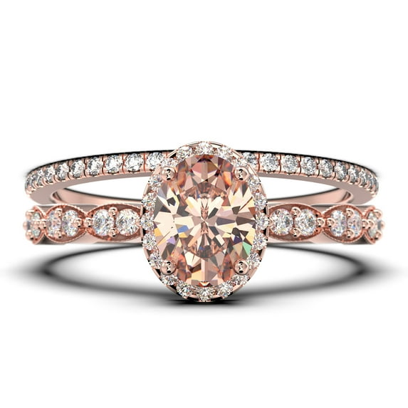 Art Deco 2.25 Carat Oval Cut Morganite And Diamond Moissanite Classic Engagement Ring, Halo Wedding Ring in 925 Sterling Silver With 18k Rose Gold Plating Gift For Her, Bridal Set, Matching Band
