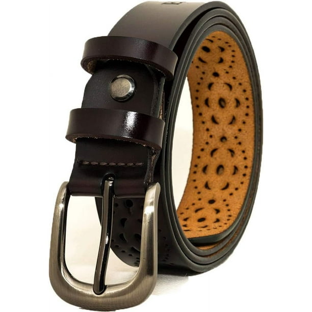 HSHDLDF Women s Belt Hollow Flower Genuine Leather Belt for Jeans Pants with Alloy Buckle Brown 45inch 115cm Walmart