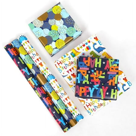 Jolanepaly Dinosaur Birthday PresNok Wrapping Paper for Kids, 3 Mini Rolls (17” x 120”), Colorful Dino Gift Wrap for Boys, Girls, Baby Shower, Small Gifts, Happy Birthday Party Decorations