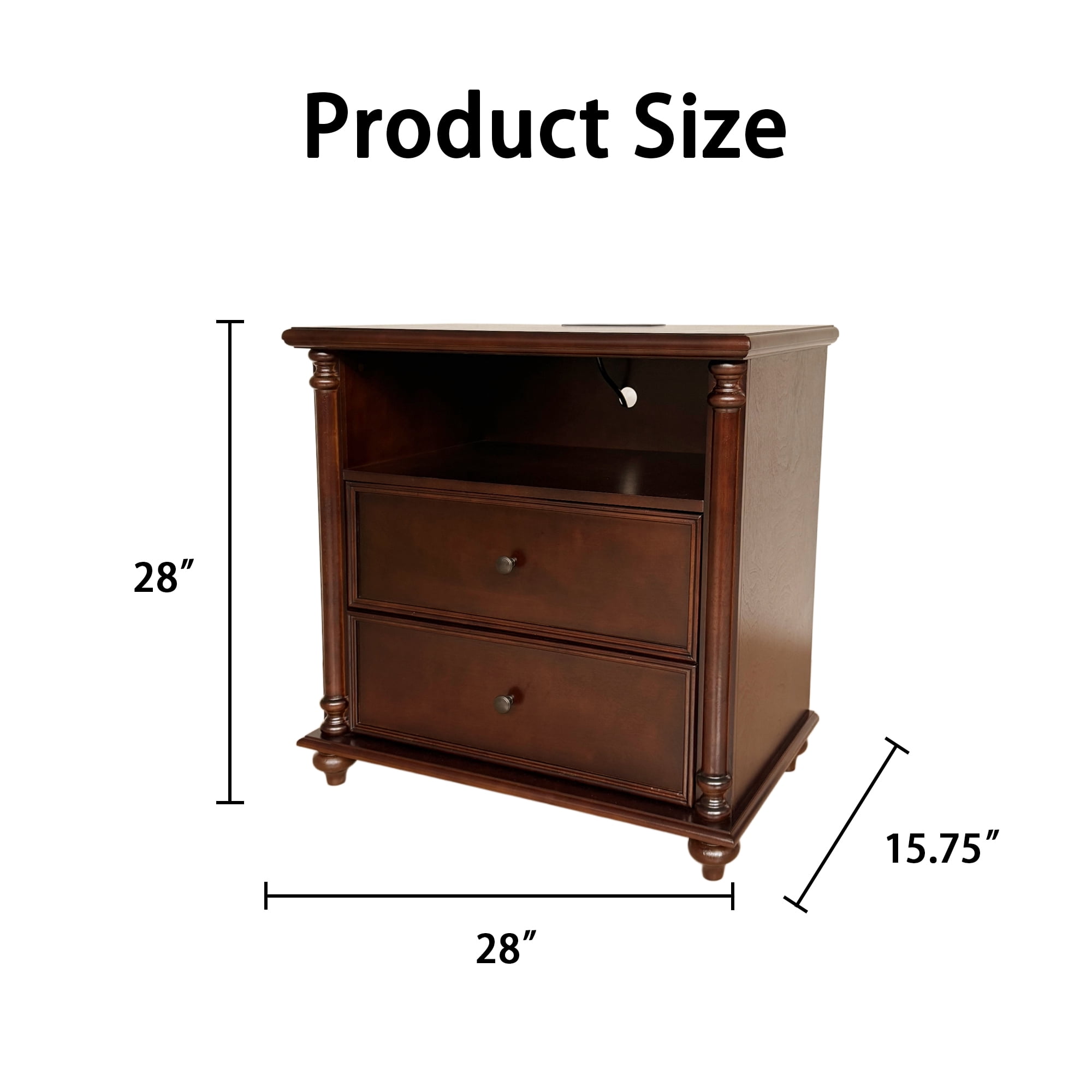 28" Nightstand with Charging Station, Rustic Brown Nightstand, 2 Drawers End Table, Bedside Table Walnut for Bedroom