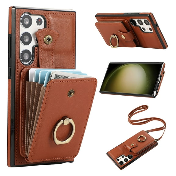 for Samsung Galaxy S25 Ultra Wallet Case with Card Holder, PU Leather Case with Ring Holder Kickstand, Snap Button Card Slots Case for Women Men for S25 Ultra with Crossbody Strap - Brown