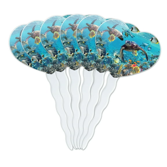 Ocean Coral Reef Sea Turtles Diving Heart Love Cupcake Picks Toppers Decoration Set of 6