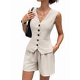 thumbnail image 2 of 2 Piece Sets for Women Spring Fashion Button Vest Tops High Waist Shorts Summer Business Casual Outfits Light Khaki M, 2 of 9