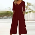 thumbnail image 2 of DianGeFu Jumpsuits for Women Dressy Short Sleeve Smocked High Waist Wide Leg Pants,Women's Summer Fashionable and Comfortable Solid Color Short Sleeved V-neck Jumpsuit,Wine,XXL, 2 of 6