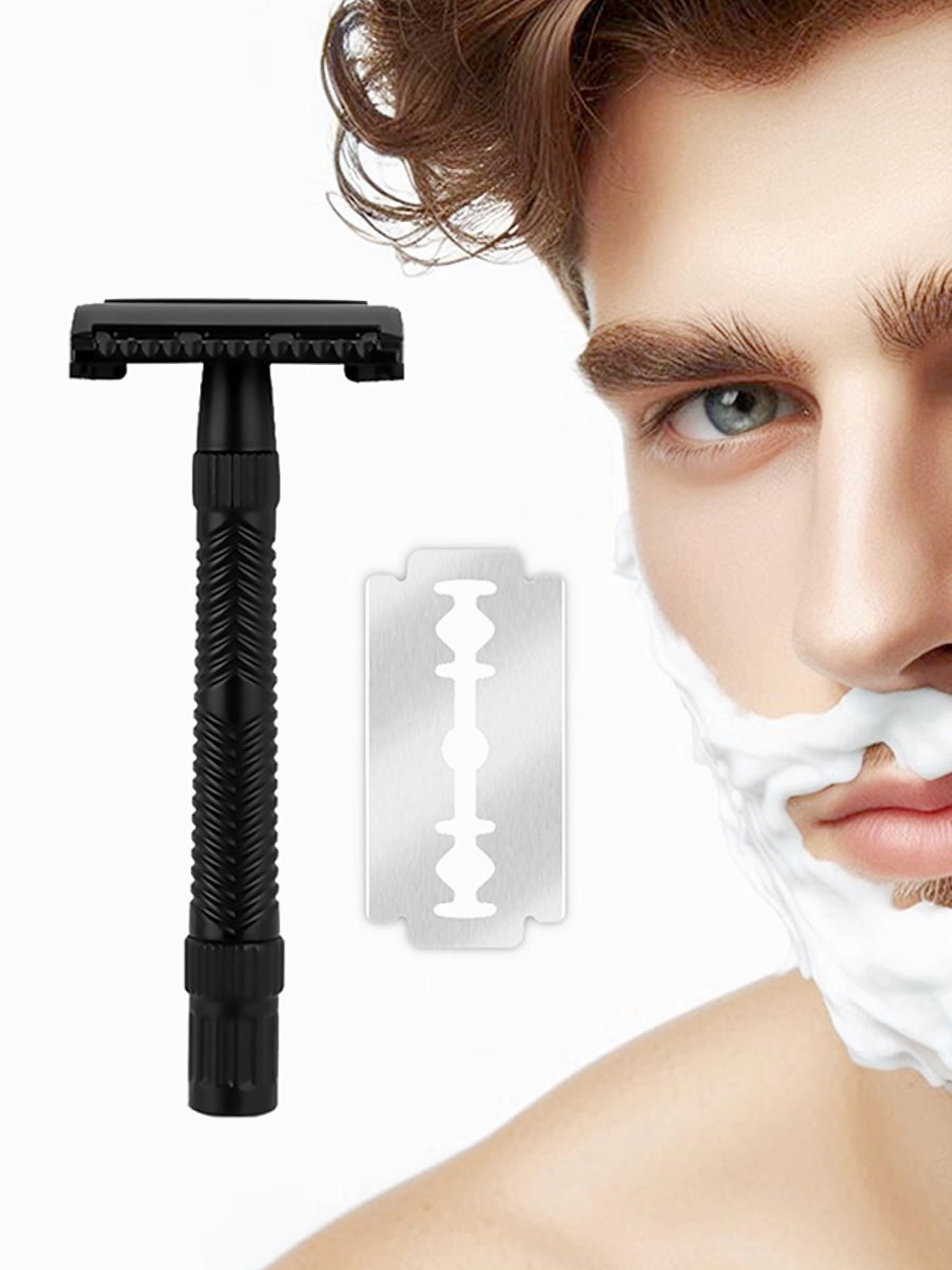 Waysh Double Edge Safety Razor Kit for Men, with Ergonomic Grip Handle, Matching Stand, and 20 Blades, Matte Black