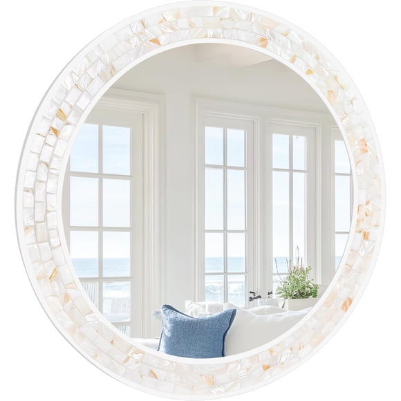 Tanmicoshomy Round Wall Mirror 24 Inch,Circle Mosaic Mirror with Natural Mother of Pearl and Wood Frame, Decorative Coastal Round Wall Mirror for Bathroom Bedroom Living Room Entryway