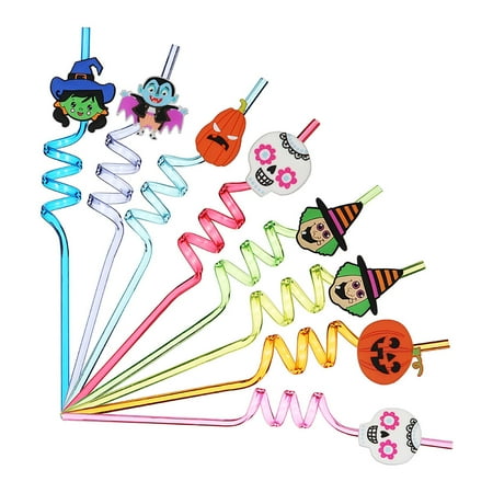 

Farfi 8Pcs/Bag Curved Design Straw Exquisite Vibrant Color Portable Reusable PET Plastic Halloween Theme Straws for Home (L)