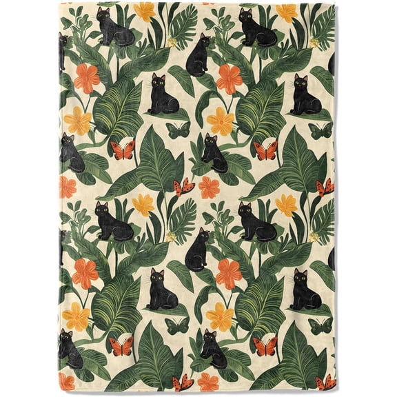 Tropical Black Cat Flannel Blanket 50x60in Exotic Jungle Leaves Throw Blankets,Soft Cozy Lightweight, Ideal for Living Room Home Decor and Kids Women Girls Spring Gifts
