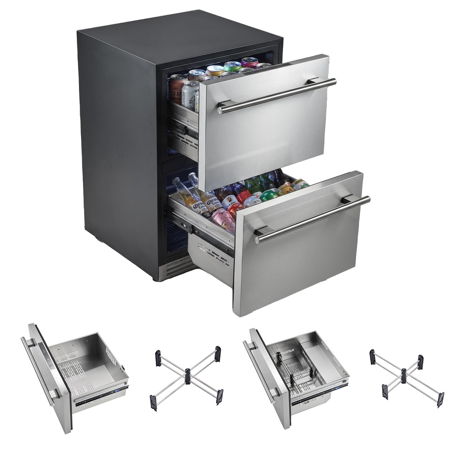 KFFKFF 24-Inch Undercounter Drawer Refrigerator and Freezer Combo, Beverage Cooler with Stainless Steel Drawers, Dual Sections for Chilled Drinks and Frozen Foods, Ideal for Kitchen, Home Bar