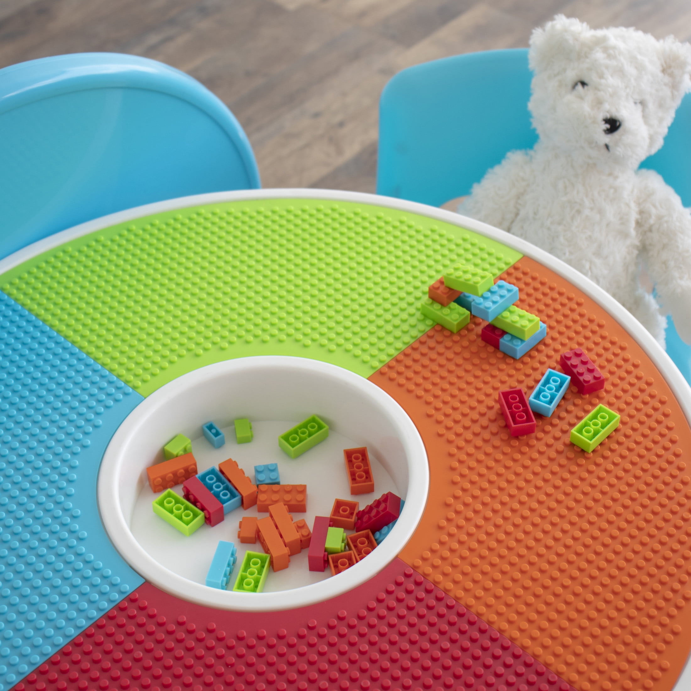 Humble Crew Toddler 2-in-1 Plastic Building Blocks-Compatible Activity Table and 2 Chairs Set, 100 Pc Block Set, Round, White/Green/Blue/Orange/Red