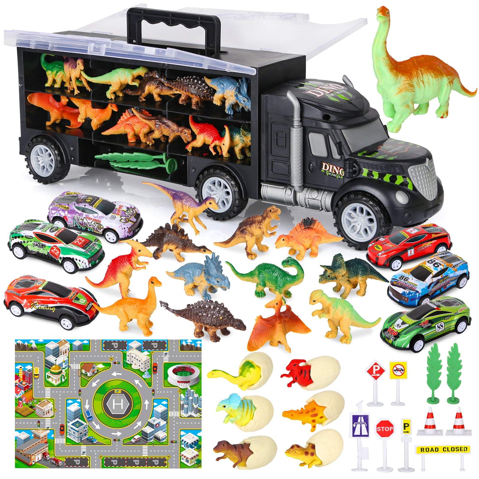 Prextex 16" Tractor Trailer Dinosaur Carrier STEM 6 Mini Plastic Dinosaurs Toys 