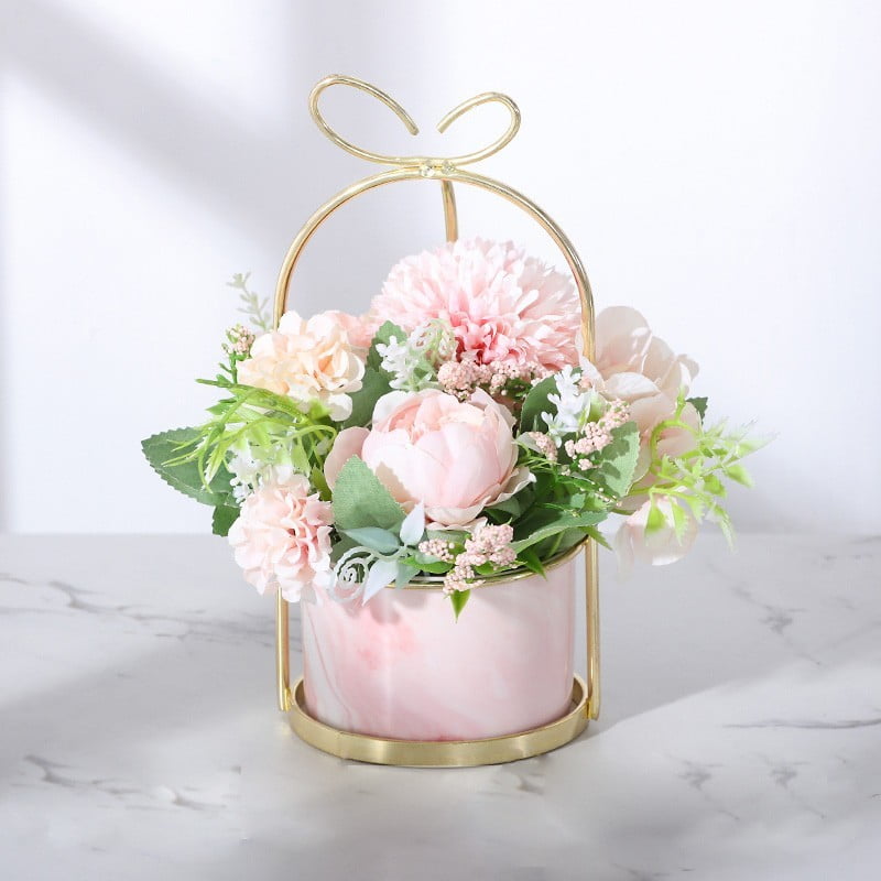 Veryhome Artificial Flowers Hydrangea Chrysanthemum Potted Fake Flowers Hanging Potted Plants For Home Living Room Office Party Decoration （ Hydrangea Potted-Pink ）