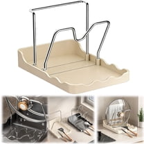 Double-Layer Pot Lid Holder & Utensil Rest with Drip Tray, Heavy-Duty Thickened Carbon Steel Kitchen Organizer Rack for Lids, Spoons & Spatulas, Anti-Rust Counter Stand – Milky White