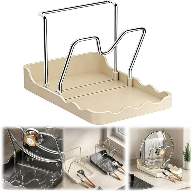 Pan Lid Organizer, Vertical Spoon Drying Shelf, Stainless Steel Pan Cover Organizer with Removable Drip Tray, Durable Kitchen Rack with Multi-Slot Design, Countertop and Cabinet Storage for Cooking