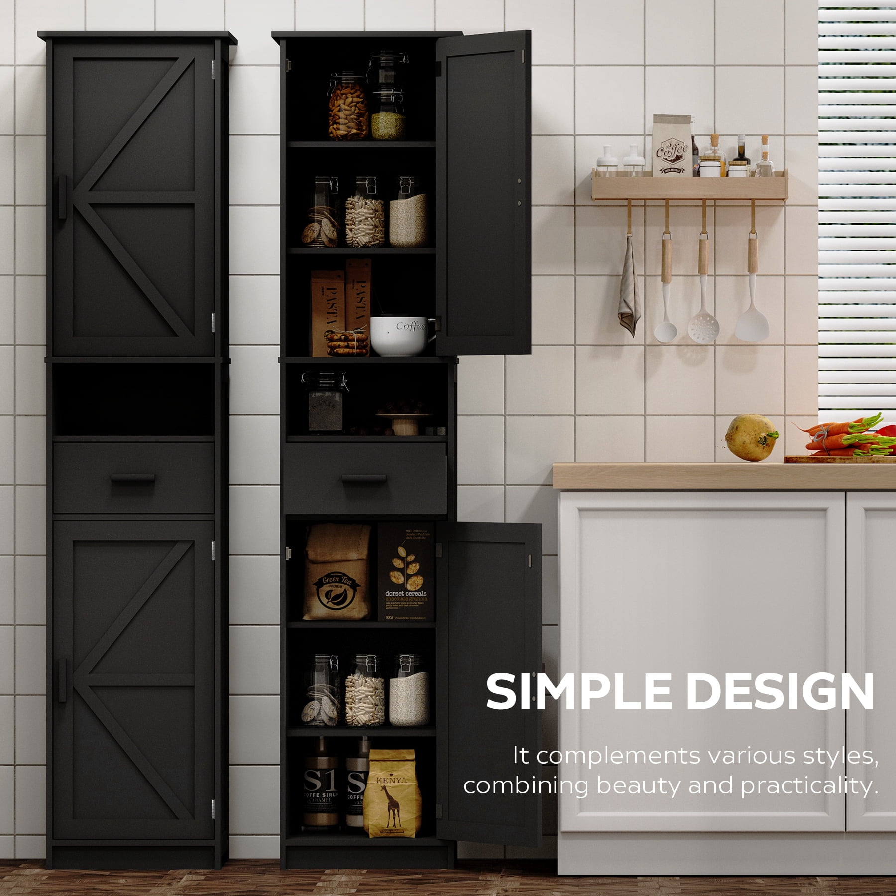 69" Bathroom Cabinet, Modern Floor Tall Cabinet With 1 Drawer, 2 Doors And Adjustable Shelves, Narrow Storage Cabinet For Home, Kitchen, Living Room