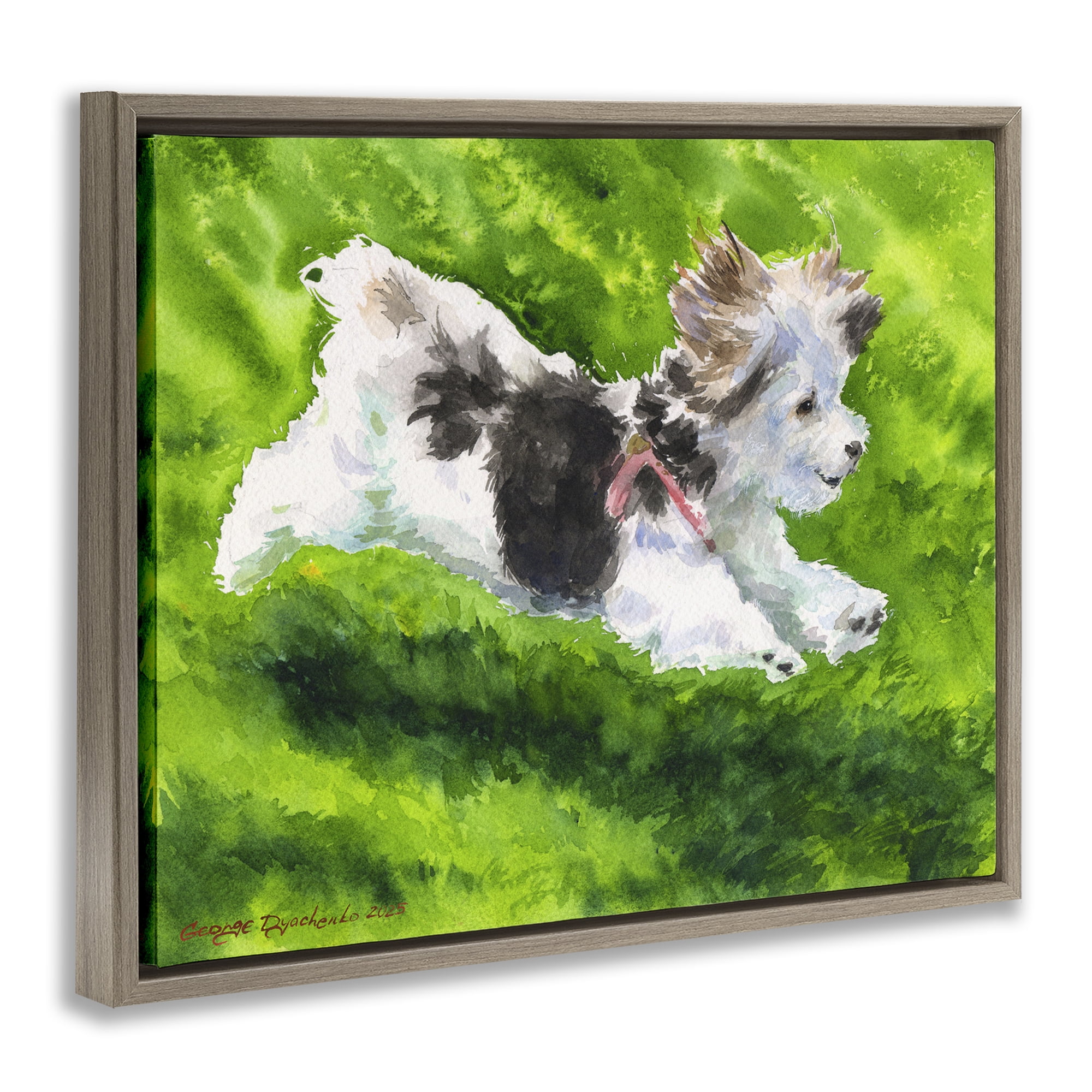 Stupell Industries Happy Maltipoo Running Brown Framed Floater Canvas Wall Art, design by George Dyachenko