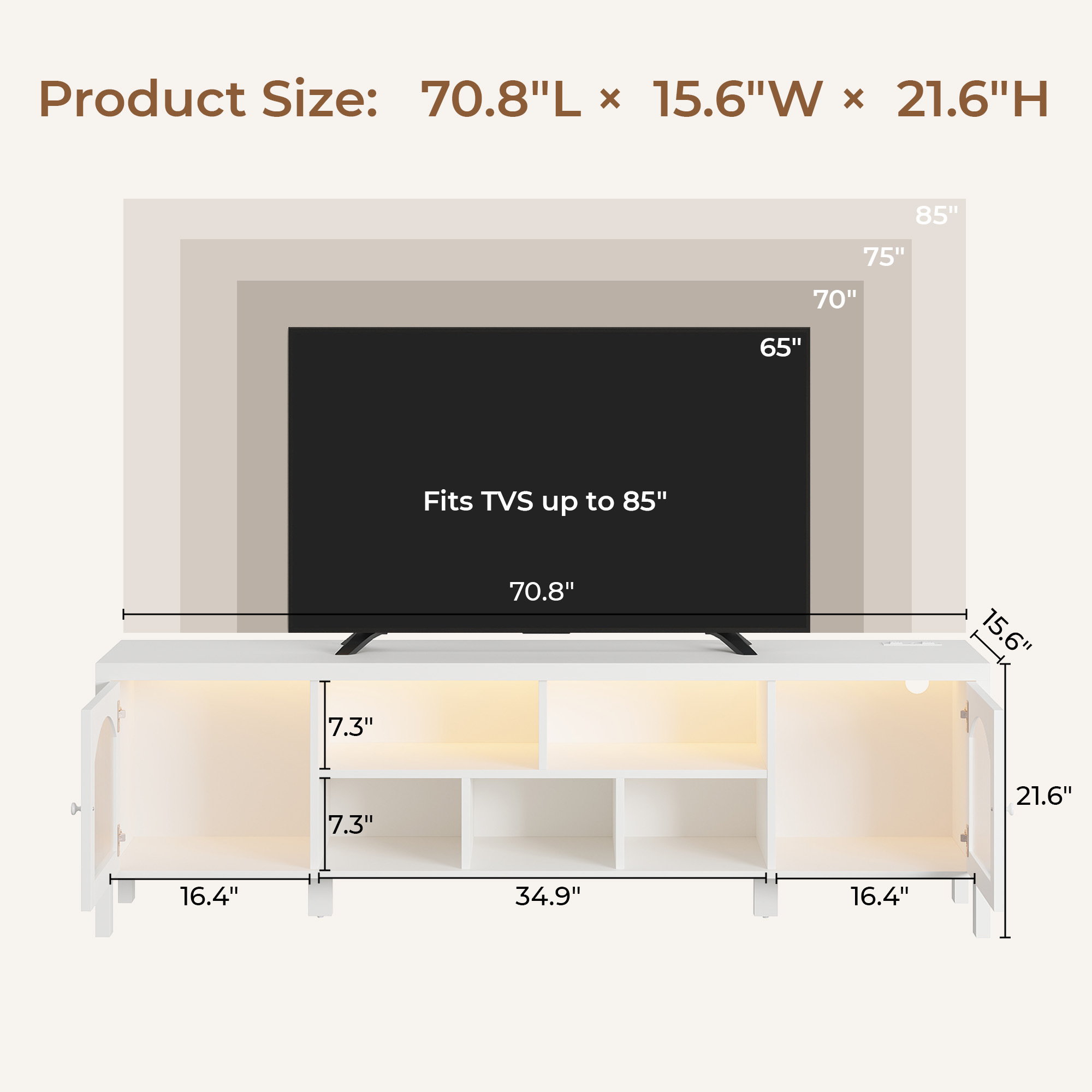 IRONCK LED TV Stand for TVs up to 85", Entertainment Center with Power Outlet and Storage Cabinet, 70.8-Inch