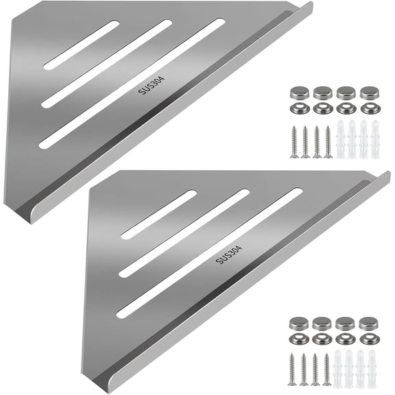 2 Pcs 304 Stainless Steel Corner Shelf with Screws, Triangle Shower Caddy, Wall Mount Soap Holder for Bathroom, Kitchen Organization (Polished Silver)