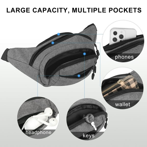 Skycase Waist Pack Bag, Crossbody Fanny Pack , Adjustable Belt Waist packs With Waterproof 3 Zip Pockets, Running Waist Pack Bag for Hiking,Commute,Short trip & Outdoor Activities,Grey