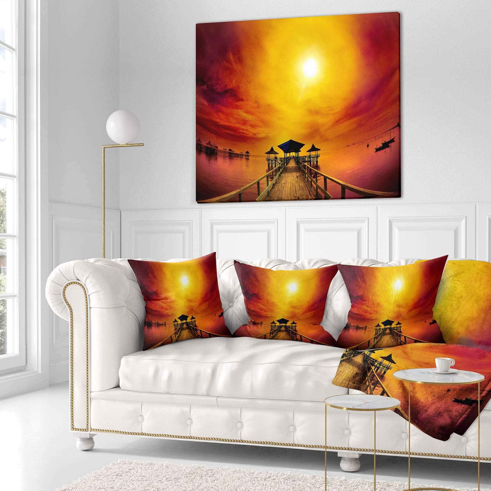 Designart Exotic Wood Pier under Yellow Sun - Sea Bridge Throw Pillow - 18x18