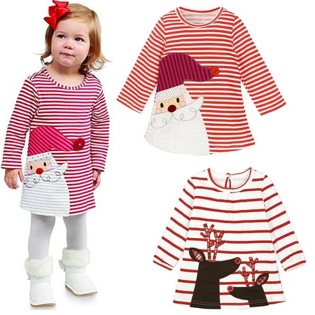 

CSCHome Kids Toddler Girls Striped Princess Dress Party Dress Long Sleeve Crew Neck Christmas Casual Dress for 9 Months-6 Years Old