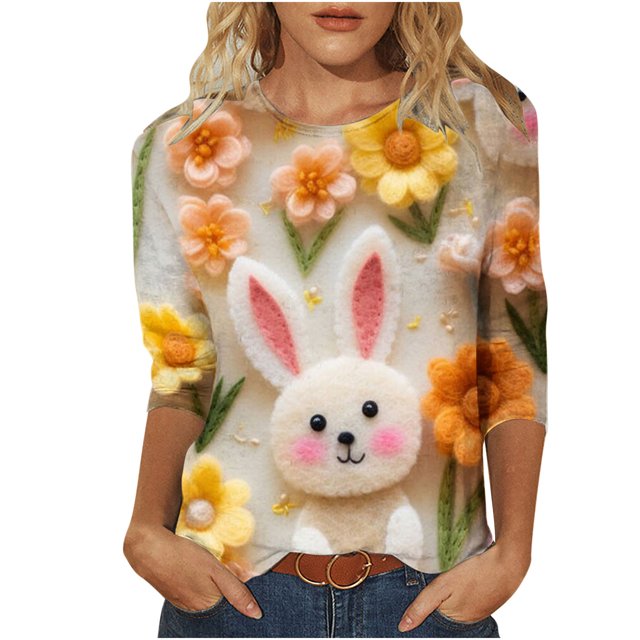 RKSTN Hauts pour Femmes Mode Décontractée Mignon Lapin de Pâques Imprimé Manches 3/4 Col Rond Hauts Printemps Été Imprimé 3D Chandail Froncé Blouse Hauts