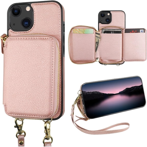 RFID Blocking Wallet Case for iPhone 14 iPhone 13, Adjustable Crossbody Zipper Purse Case Card Holder with Kickstand Detachable Wrist Strap, PU Leather Flip Folio Case 6.1 Inch 5G (Rose Gold)